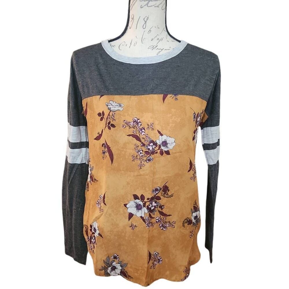 Rewind Women's Size Large YellowβFloral Gray Long Sleeve Mixed Material Top